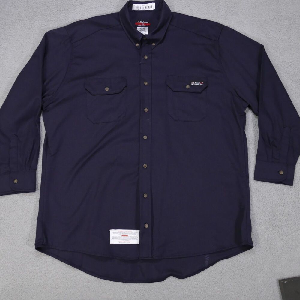 Bulwark FR Button Shirt Mens XXL Navy Blue CAT 2 2112 Flame Resistant Pocket